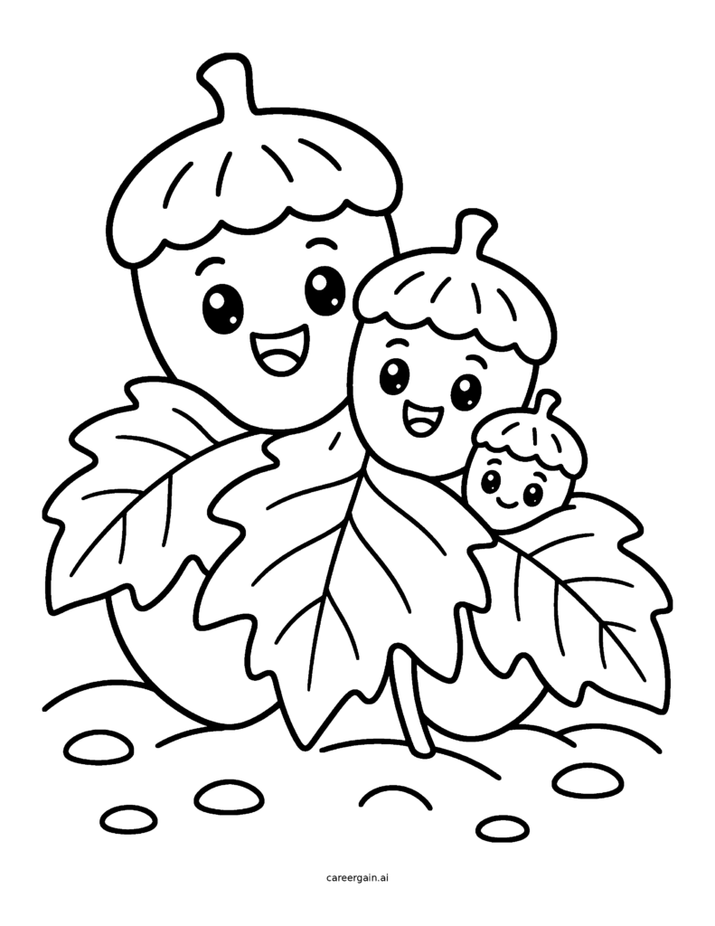 Line drawing: three cheerful acorns snuggle together under a cozy blanket of autumn leaves.