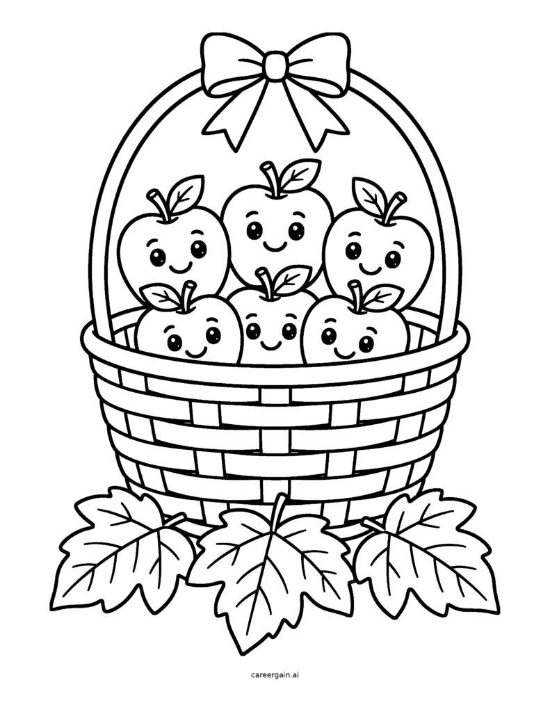 Line drawing: a big woven basket full of smiling apples, topped with a pretty bow and sitting on fall leaves.