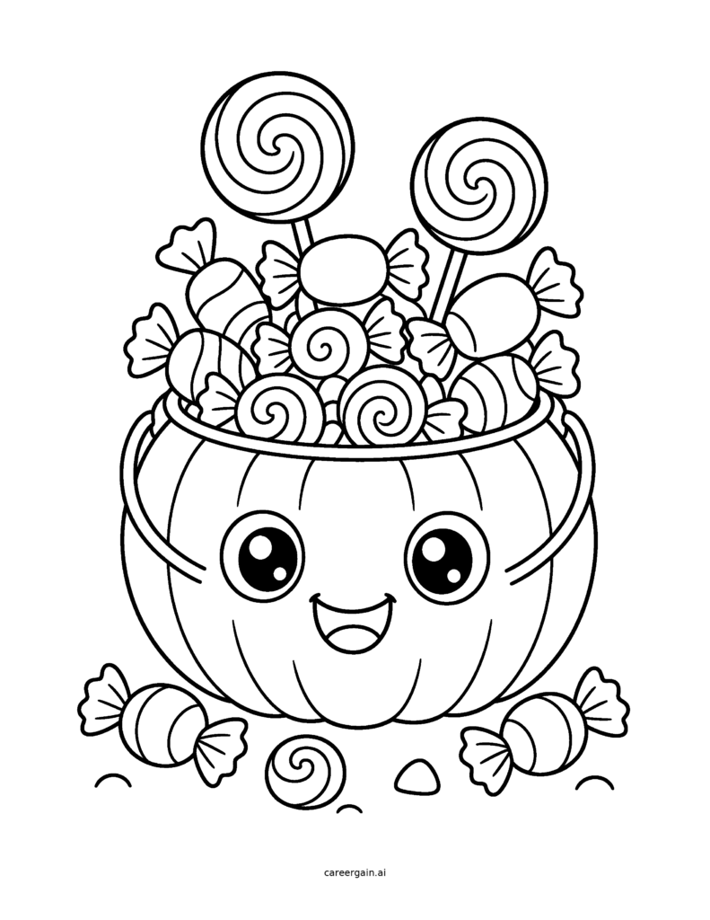 Line drawing: a smiling pumpkin treat bucket overflows with wrapped candies and swirly lollipops.