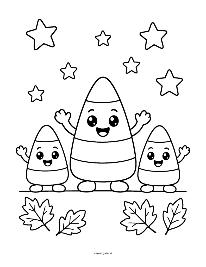 Line drawing: three smiling candy corn pals wave together under the stars with autumn leaves below.