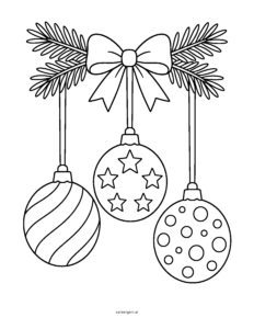 Line drawing of three large round ornaments with stripes, stars and dots, hanging from a bow and pine branches.