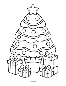 Line drawing of a Christmas tree with a star and round baubles in a pot, surrounded by wrapped presents.