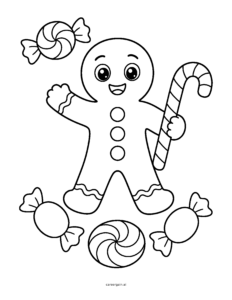 Line drawing of a smiling gingerbread person holding a candy cane, surrounded by wrapped candies and a peppermint.
