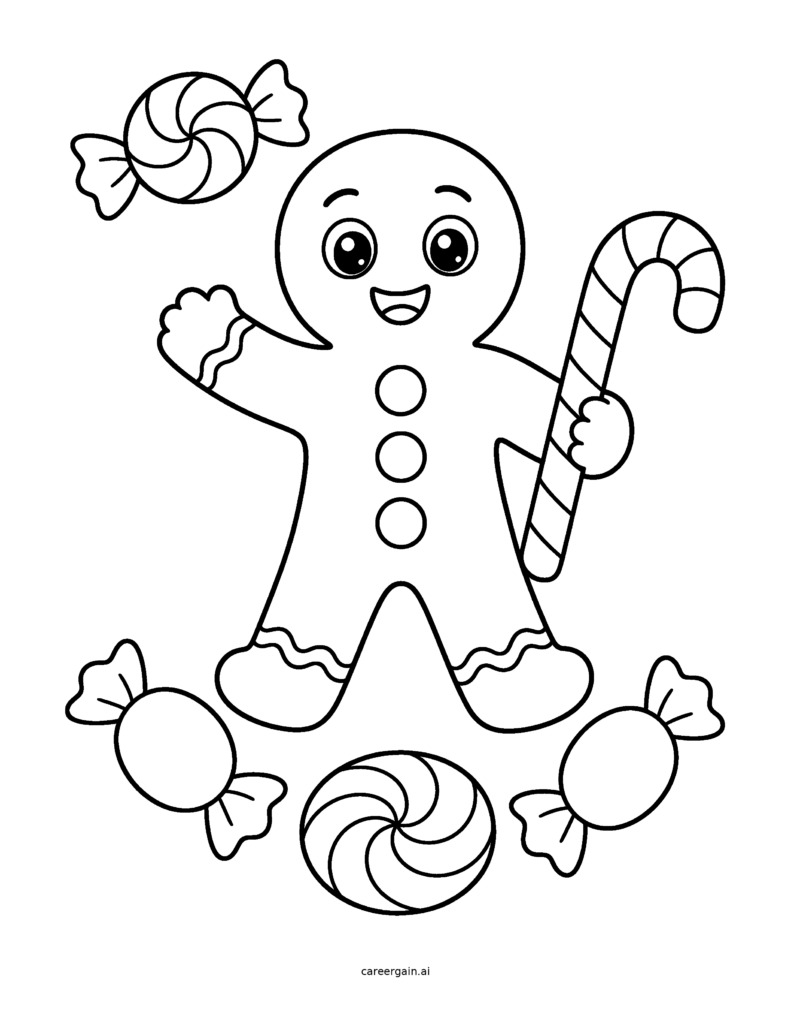 Line drawing of a smiling gingerbread person holding a candy cane, surrounded by wrapped candies and a peppermint.