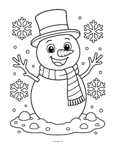 Line drawing of a smiling snowman wearing a top hat and striped scarf, surrounded by large snowflakes.