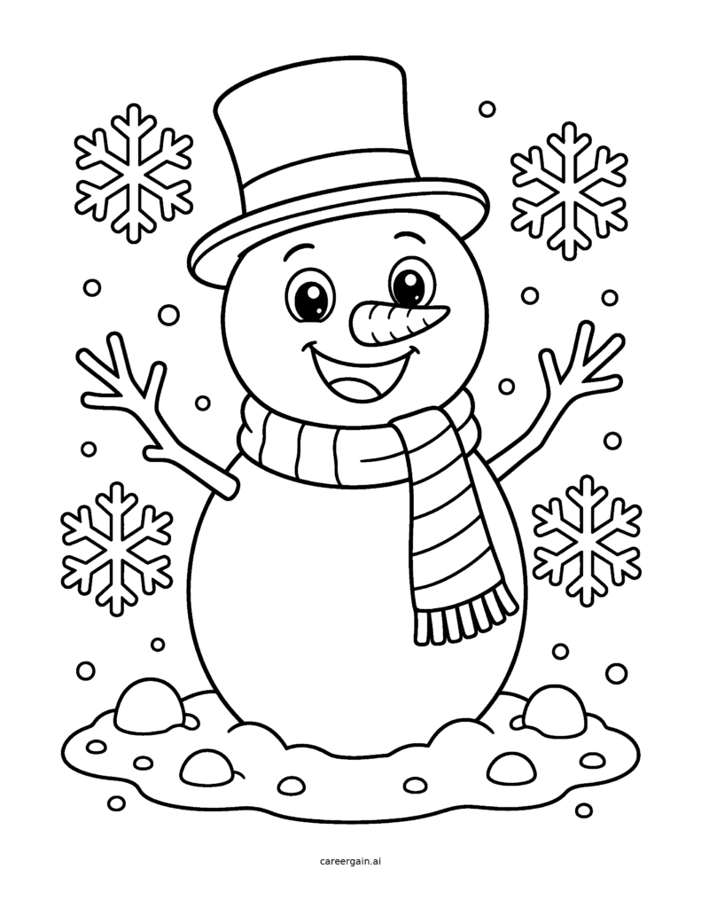 Line drawing of a smiling snowman wearing a top hat and striped scarf, surrounded by large snowflakes.