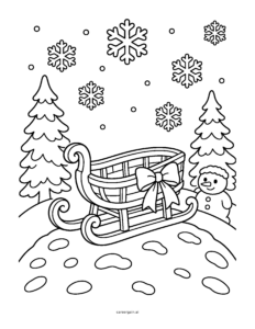 Line drawing of a wooden sled with a bow on a snowy hill, with pine trees, a small snowman and snowflakes.