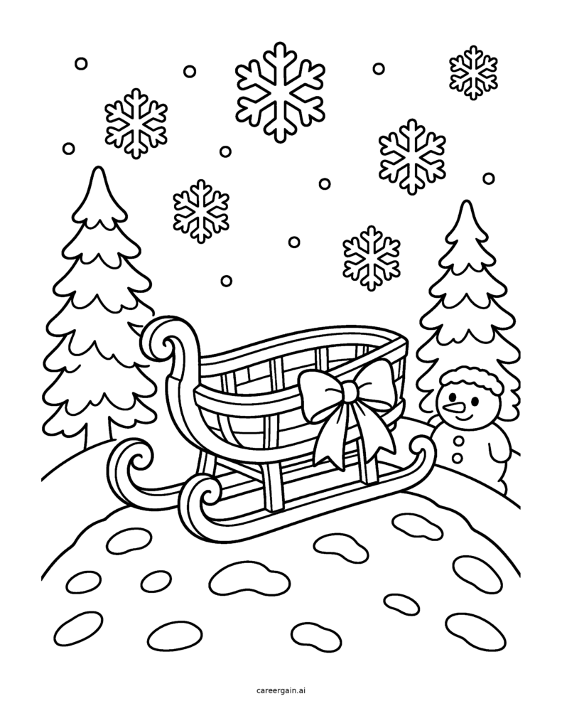 Line drawing of a wooden sled with a bow on a snowy hill, with pine trees, a small snowman and snowflakes.