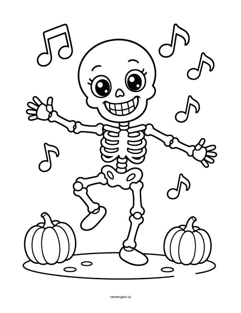 Line drawing: a cheerful skeleton dances to the music between two pumpkins.