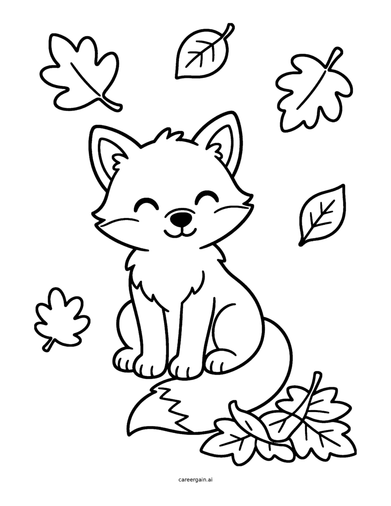 Line drawing: a sweet fox cub sits smiling with its fluffy tail as colorful leaves float down.
