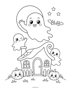 Line drawing of three smiling ghosts floating around a small house with a fence, a full moon, stars, bats and two pumpkins.