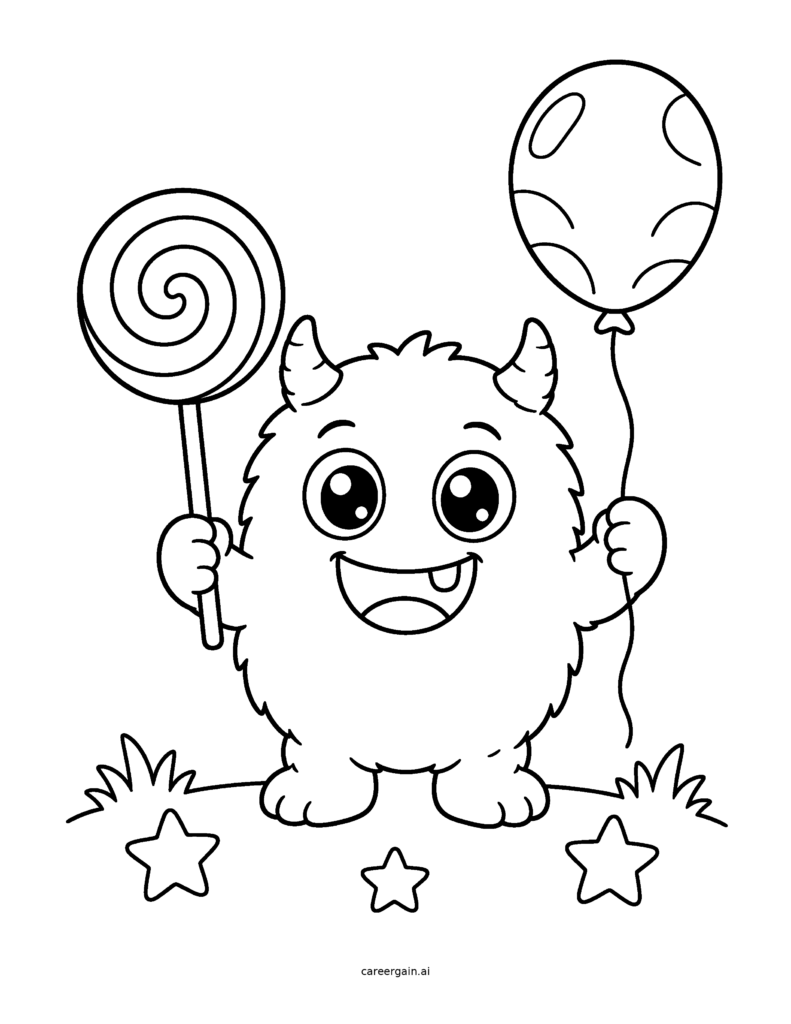 Line drawing: a fuzzy one-toothed monster grins while holding a lollipop and a balloon.