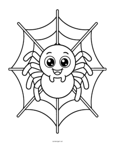 Line drawing: a big-eyed smiling spider sits in the middle of a simple web.