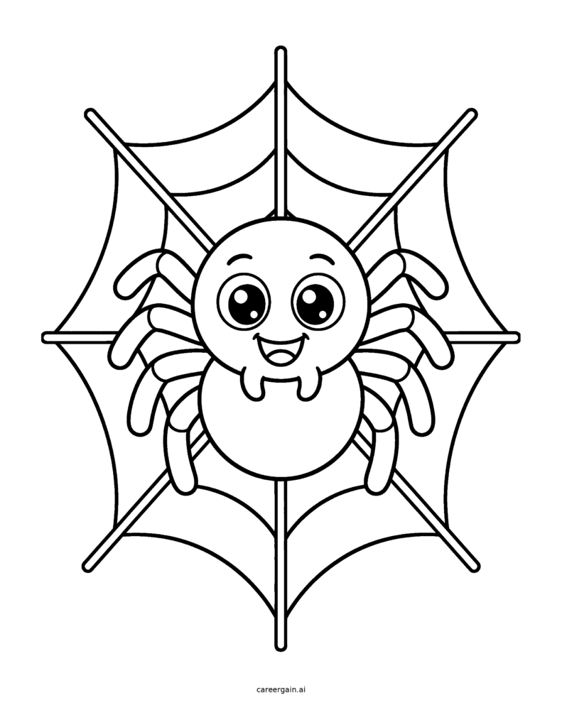 Line drawing: a big-eyed smiling spider sits in the middle of a simple web.