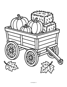 Line drawing: a wooden wagon loaded with pumpkins and hay bales rolls through the fall leaves.