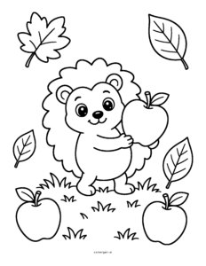 Line drawing: a smiling hedgehog hugs a big shiny apple while more apples and leaves tumble around him.