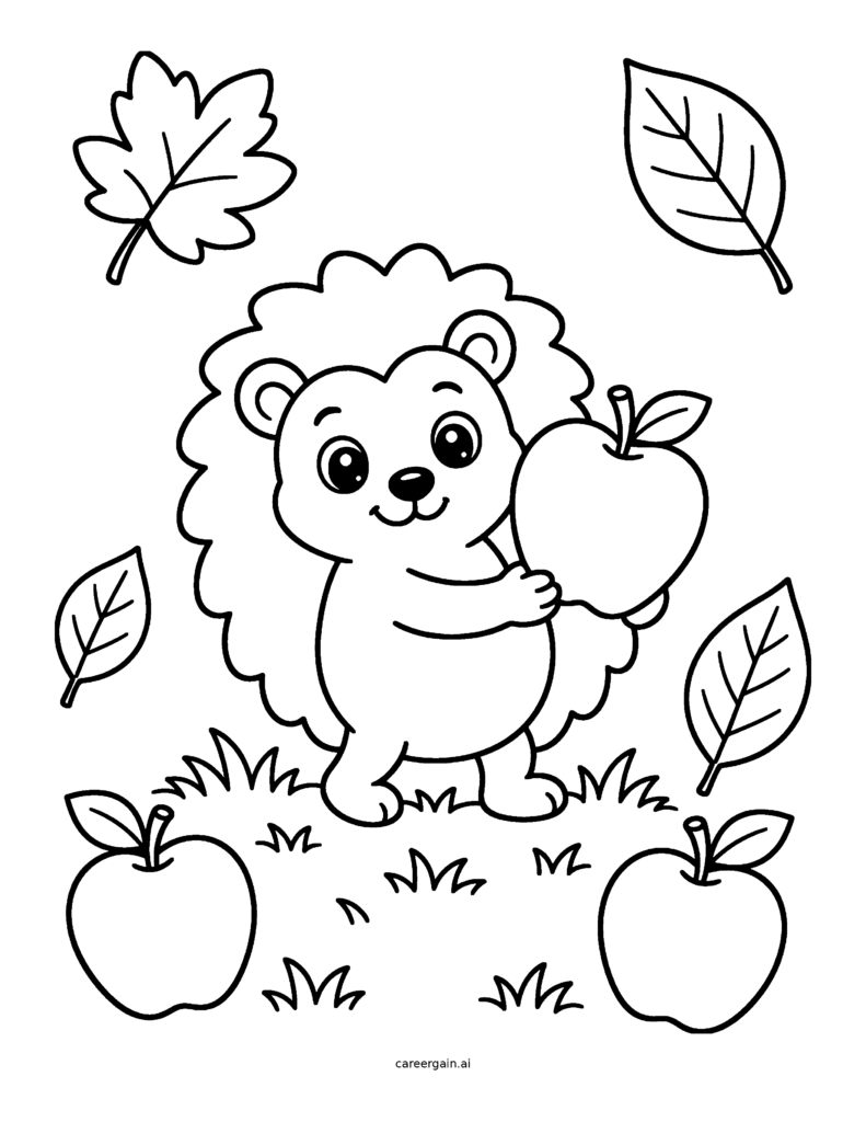 Line drawing: a smiling hedgehog hugs a big shiny apple while more apples and leaves tumble around him.