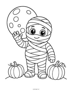 Line drawing: a cute little mummy waves hello between two pumpkins under a big moon.