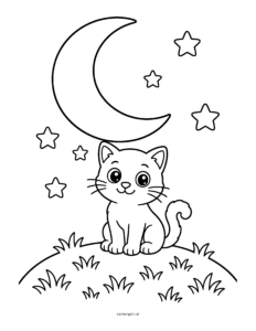 Line drawing: a cute kitten sits on a grassy hill under a giant crescent moon and twinkling stars.