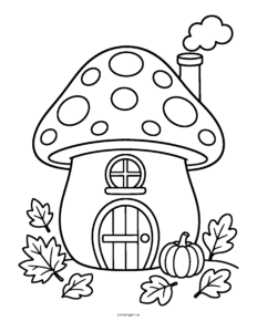 Line drawing: a spotted mushroom house with a round door, smoking chimney and a tiny pumpkin out front.
