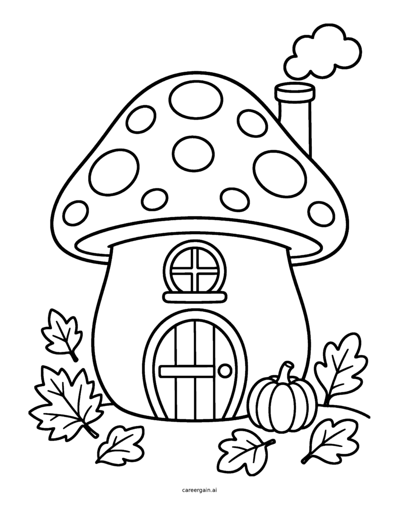 Line drawing: a spotted mushroom house with a round door, smoking chimney and a tiny pumpkin out front.