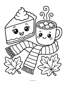 Line drawing: a smiling slice of pumpkin pie and a happy mug of cocoa share a cozy striped scarf.