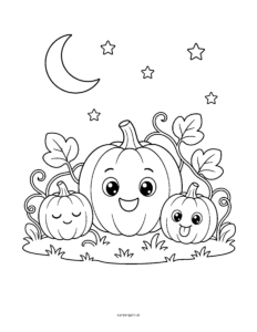 Line drawing of three smiling pumpkins with vines and leaves on a grassy patch under a crescent moon and stars.