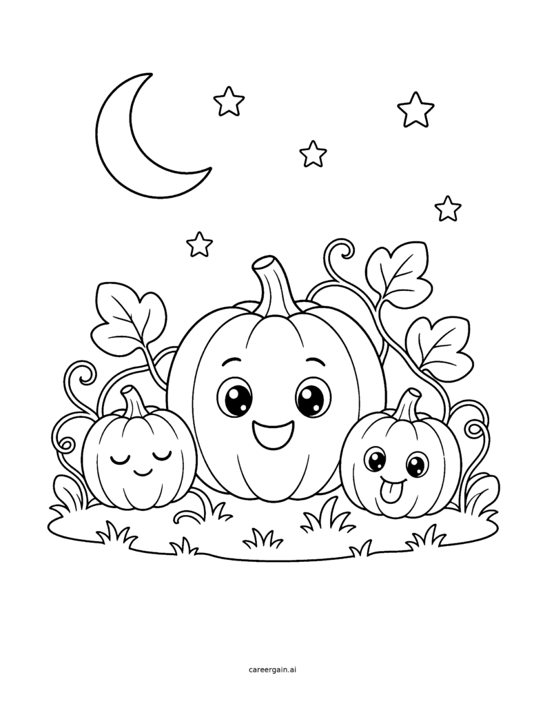 Line drawing of three smiling pumpkins with vines and leaves on a grassy patch under a crescent moon and stars.
