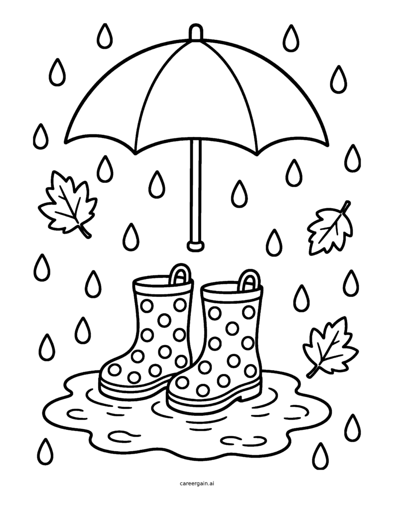 Line drawing: polka-dot rain boots splash in a puddle under an umbrella, with raindrops and falling leaves.