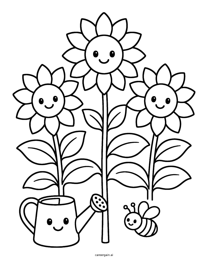 Line drawing: three smiling sunflowers stand tall beside a happy watering can and a buzzing bee.