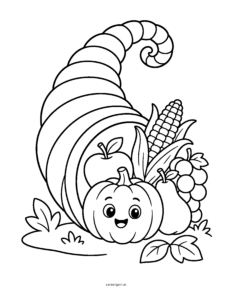 Line drawing of a large cornucopia holding a smiling pumpkin, an apple, corn, grapes and a pear, with leaves on the ground.