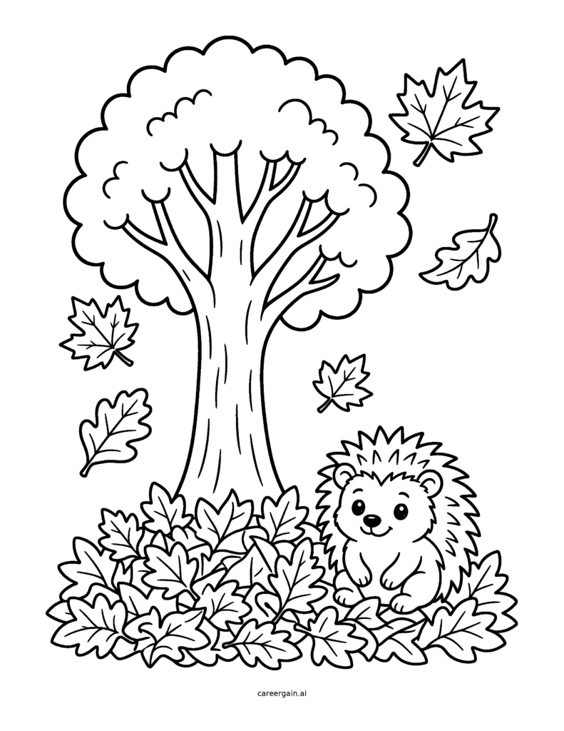 Line drawing of a smiling hedgehog sitting in a pile of autumn leaves beside a large tree, with leaves falling.