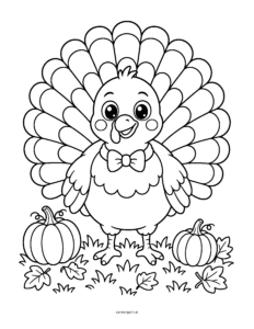 Line drawing of a smiling turkey wearing a bow tie, with a large fan of tail feathers, standing between two pumpkins.