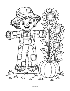 Line drawing of a smiling scarecrow in a hat and patched overalls standing next to sunflowers and a pumpkin.