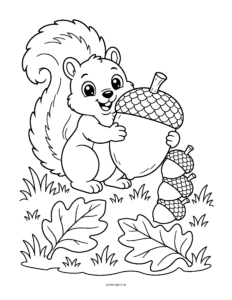Line drawing of a smiling squirrel hugging a giant acorn, with a stack of smaller acorns and oak leaves in the grass.