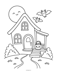 Line drawing: a cozy crooked house with a smiling moon, two friendly bats, and a candy bucket on the porch.