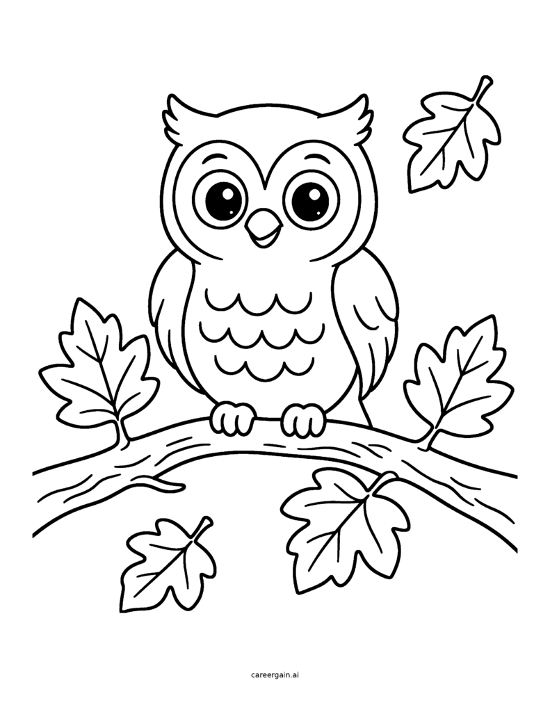 Line drawing: a round owl with big friendly eyes perches on a branch as autumn leaves drift by.