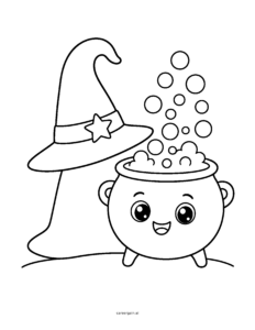 Line drawing: a floppy witch hat leans beside a happy little cauldron blowing big bubbles.